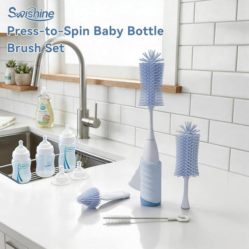 Swishine Set, Baby Bottle Brush Innovative Efficient Press-to-Spin Brush Cleaner - Includes Silicone Bottle Brush