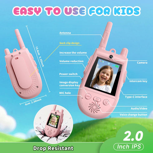 YUSSBCU 2 Pack 3-12, Walkie Talkies for Kids, Rechargeable Kids Video Walkie Talkies with Camera & Voice Changer, Long