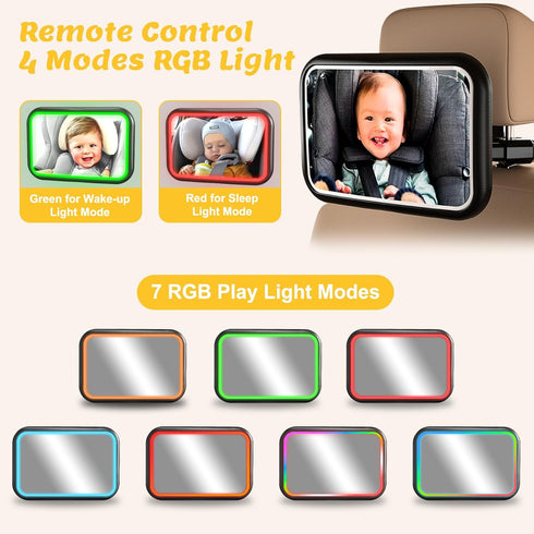 7 360 Baby Car Mirror with Light, RGB Light Rear Facing Baby Car Seat Mirror with Remote Control Rechargeable Rotation