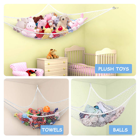 Stuffed Animal Hammock, Toy Storage Net, LXUNYI Jumbo Wall Corner Organizer for Kids' Stuffed Animals (White)