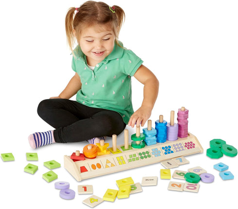 Melissa & Doug Counting Shape Stacker, Wooden Educational Toy with 55 Shapes and 10 Number Tiles for Kids