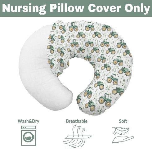 Watercolor Green Tractors Baby Nursing Pillow Covers for Boy Girl Farm Tractors Boho Leaves Nursery Feeding Pillowcase