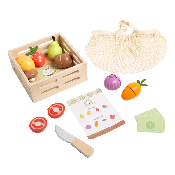 Pearhead Wooden Play Food Set 21-Piece Pretend Kitchen Toy, Cutting Fruits &