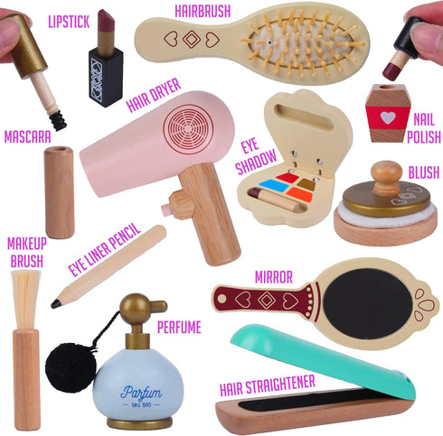 Montessori Mama Makeup and Salon Set - Wooden Pretend Play Beauty Kit with Styling Tools for 4 Year Old Girls