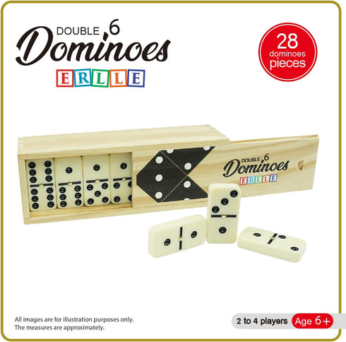 Set, 28-Piece Set ERLLE - Dominoes Premium Classic Double Six Domino with Wooden Case, Family & Kids Board Game