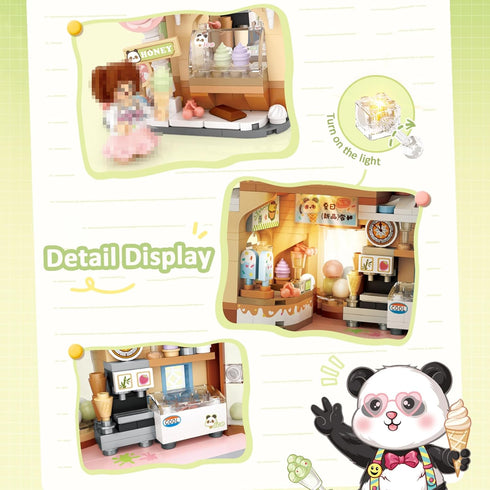 MEIEST Set,Mini Panda Ice Cream Shop Building Blocks City Shop Street View Particle Construction Building Bricks