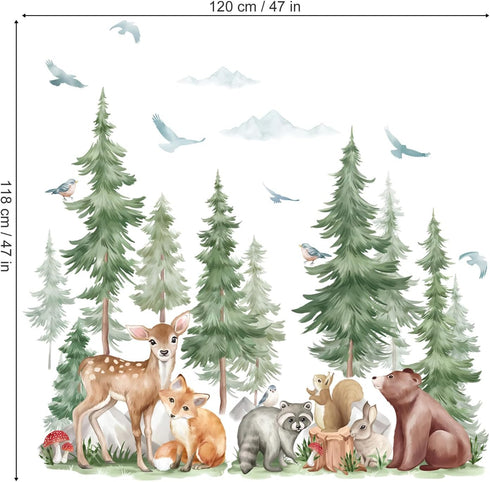 wondever Mountain Tree Wall Stickers Large Pine Tree Forest Animal Bear Fox Peel and Stick Wall Art Decals for Kids