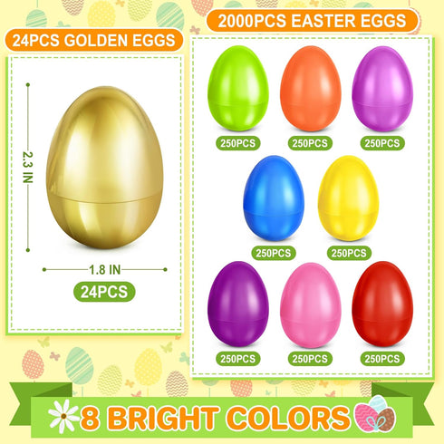 2000 2.3" 24 SpringFlower PCS Plastic Easter Eggs With Golden Easter Eggs, Empty Easter Eggs Fillable, Colorful Bright