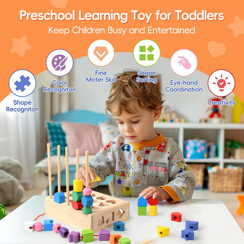 Montessori Educational Wooden Toys for Toddlers 3-5, Lacing Beads & Stacking Blocks, Shape Sorting Present with Storage