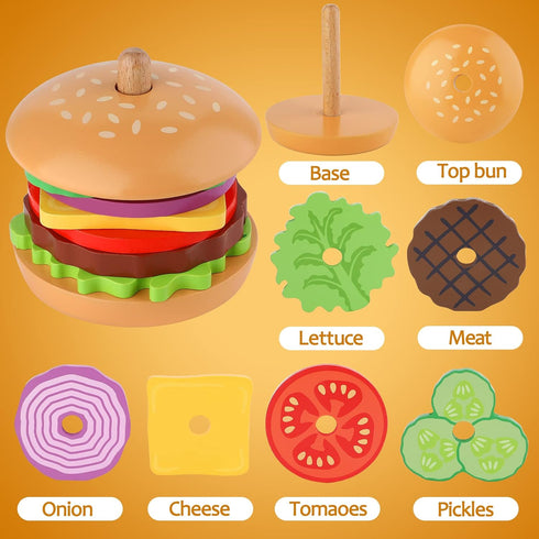 Montessori Toys for 3 Year Old - Wooden Burger Stacking Toys for Toddlers - Educational Fine Motor Skill Toy