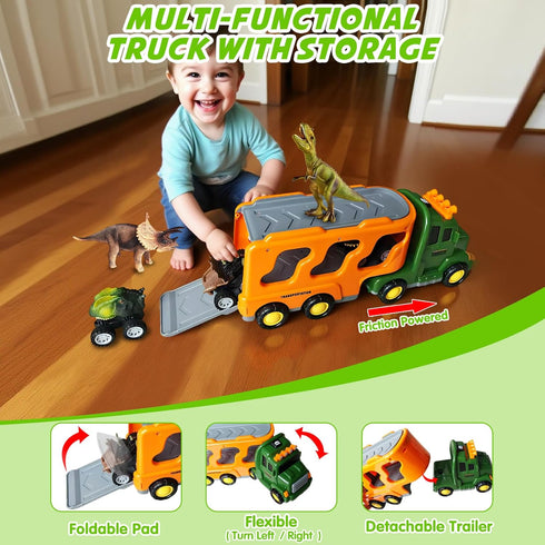 3 3 3-5-7, 3 4 5 6 7+ Dinosaur Toy Trucks with Dino Cars & Dino Figures, Sound Light Transport Carrier Truck Dinosaur