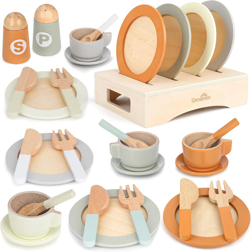 Wooden Play Dishes and Plates for Kids Kitchen Set, 27 PCS Wooden