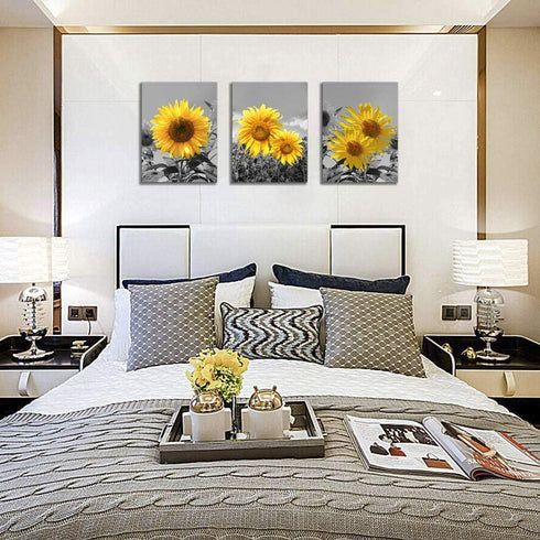 USIXA 3 1216 Inches Sunflower Wall Art for Living Room Black White Flowers Wall Decor Yellow Floral Canvas Prints