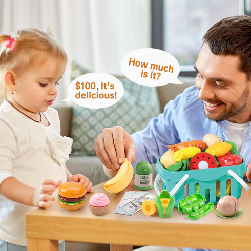 Funpynani 130Pcs Playset, Kitchen Toddler Pretend Cooking Play Pots, Pans, Utensils Cookware, Daily Food Fruit Veges
