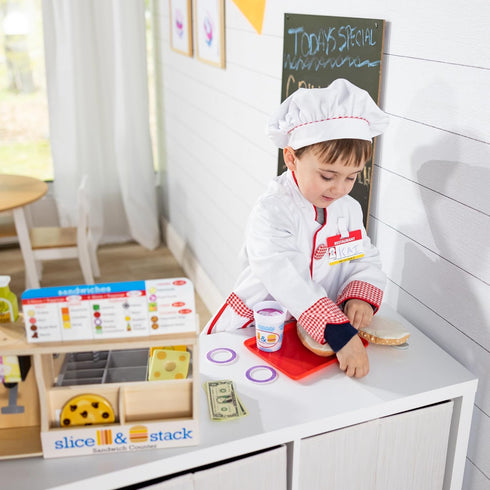 Melissa & Doug Wooden Slice & Stack Sandwich Counter with Deli Slicer – 56-Piece Pretend Play Food Set