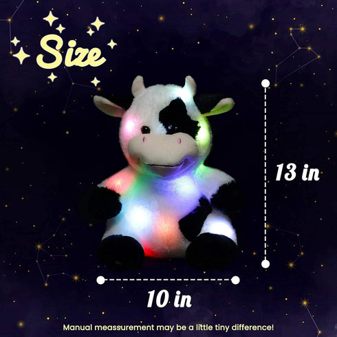 13'' Hopearl LED Plush Cow Lighting Up Stuffed Animal Diary Cattle Floppy Night Lights Glow in The Dark Birthday