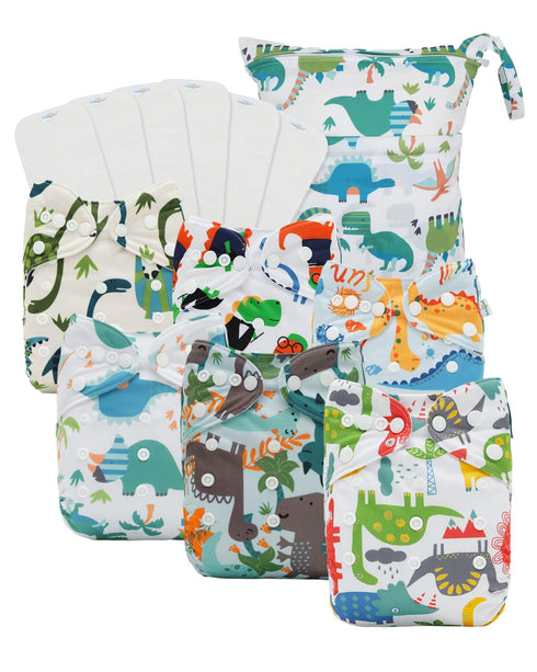 babygoal Dinosaur Cloth Diapers Pack of 13, Baby Reusable Washable Pocket Nappy,