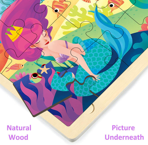 24 Piece Little Mermaid Wooden Puzzle for Kids Ages 3-5, Preschool Toddler Puzzles with Picture Underneath