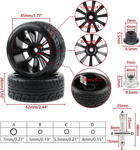 4pcs 1/10 RC Drift Wheels, 12mm Hex Drift Wheels and Tires for HSP Redcat HPI Tamiya, with Flange Lock Nuts