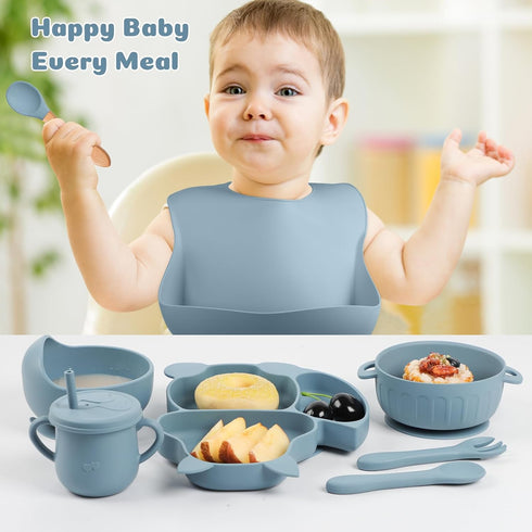 mraisebossup Set 15 Silicone Baby Feeding PcsBaby Plates,Baby Spoons Suction Bowl Divided Plate Bib Cup Finger Brush