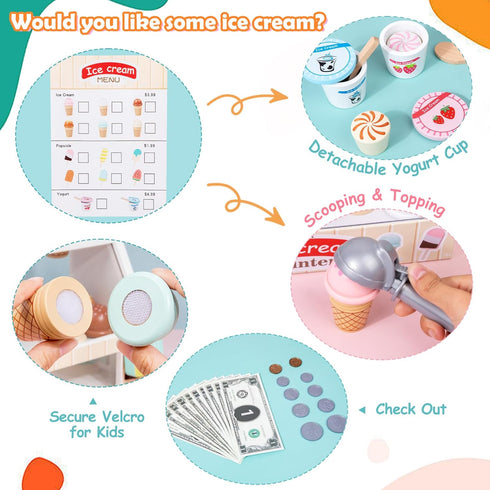 Set Counter 3+, Wooden Ice Cream Toy for Toddlers, Wooden Play Food Kitchen Accessories, Pretend Play Ice Cream Shop