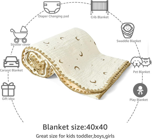 HomeyHues 40 40 Baby Blanket Double Layer Cotton x Soft Receiving Blanket with Pattern Machine Washable Moon Star