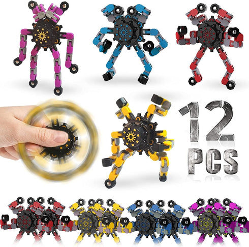 12 Pack Funny Sensory Fidget Toys, Deformable Chain DIY Robot Spinners for Stress Relief, Birthday Gifts, Goodie Bag