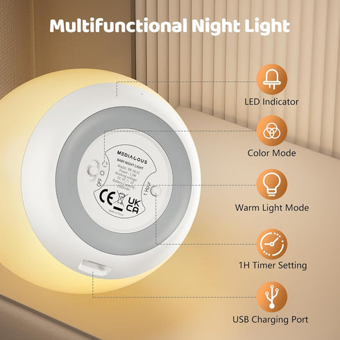 7 Dimming, 1 MediAcous Night Light for Kids, Baby Egg Light for Nursery, Colors Changing & Stepless Soft Silicone Touch
