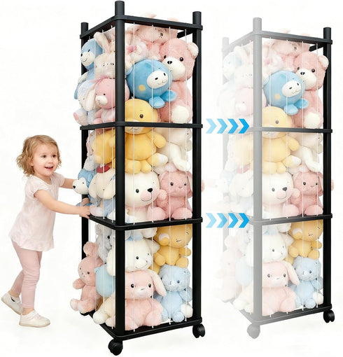 Wooden Stuffed Animal Zoo Storage - Sturdy Solid Wood Toy Organizer with Lockable Wheels, Easy-Assemble/Clean, Large