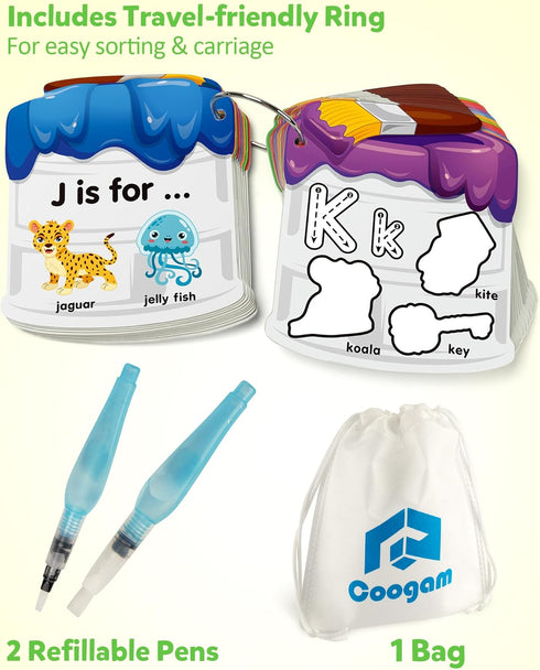3 4 5 Coogam Water Painting Cards with Learning Alphabet, Reusable Aqua Painting Doddle Vocabulary Flash Cards, ABC