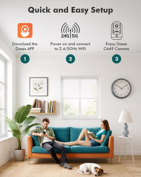 Dzees 2K 360 5G 2.4G, 2-Way 1 Pack Indoor Security Camera, Degree WiFi Pet Camera with Phone App, and Wired Home Camera