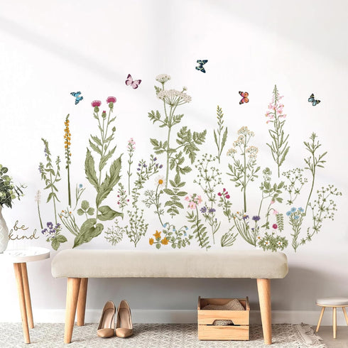 BWCXXZH Wildflower Grass Wall Decals Butterflies Stickers Dragonflies Floral Wall Murals Peel and Stick Wall Art Decor