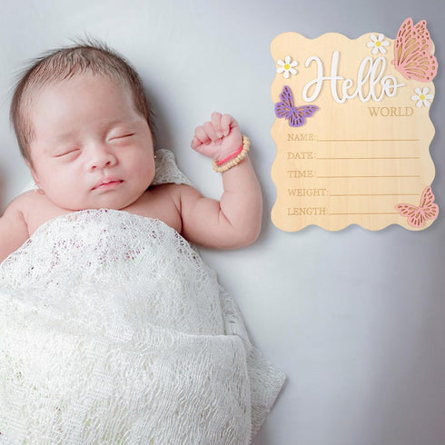 Lyreh Baby Announcement Sign, Rectangle Wooden Hello World Baby Sign with Flower and Butterfly Patterns Cute Delicate