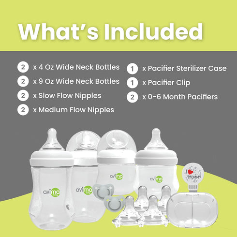 12 Set. Set 4 oz 9 oz Avima Baby Wide Neck Bottle Starter Kit Piece Anti Colic Feeding w/ & Baby Bottles, Slow & Medium