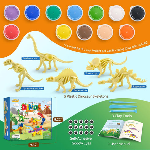 5 12 Set Drama Planet Dinosaur Air Dry Clay Kit Create Dinosaur Models with Colors of Modeling Clay, Instruction Guide