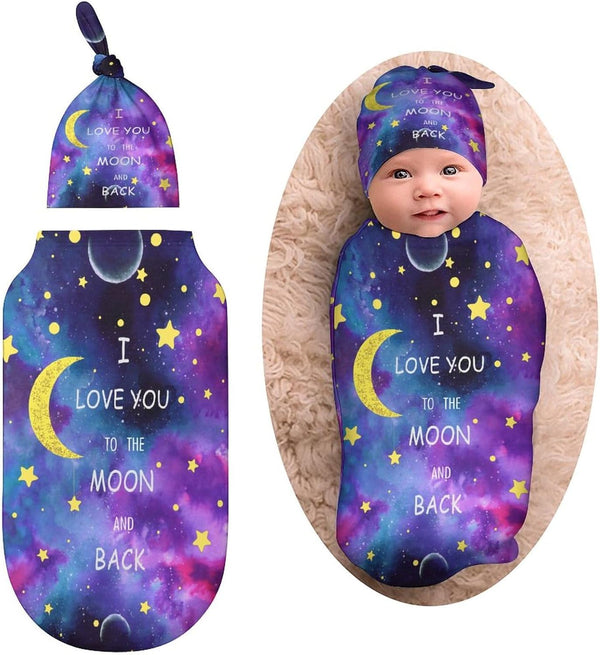 I Love You to The Moon and Back Newborn Baby Swaddle Blanket with Beanie Hat, Gifts for Boys Girls