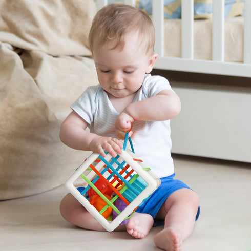 Montessori Toys for 1 Year Old, Cube Bin & 6 Sensory Shape Blocks, Developmental Infant Birthday Gifts for 12-18 Months