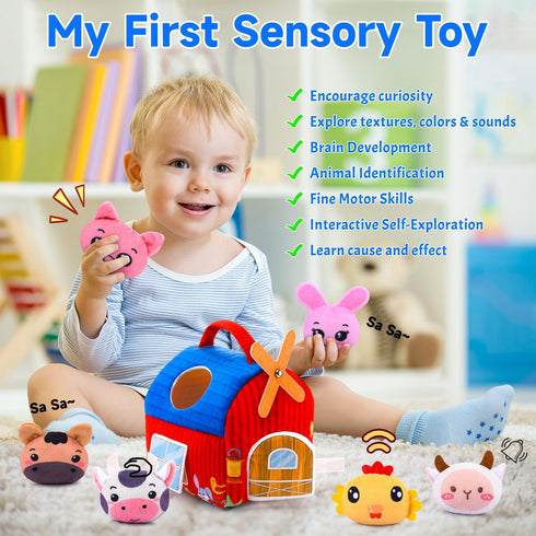 Auney 6-12 6-12 1 Baby Toys Months - Soft Barn with Stuffed Farm Animals, Rattles, Textures, Mirror, Play mat - Toddler