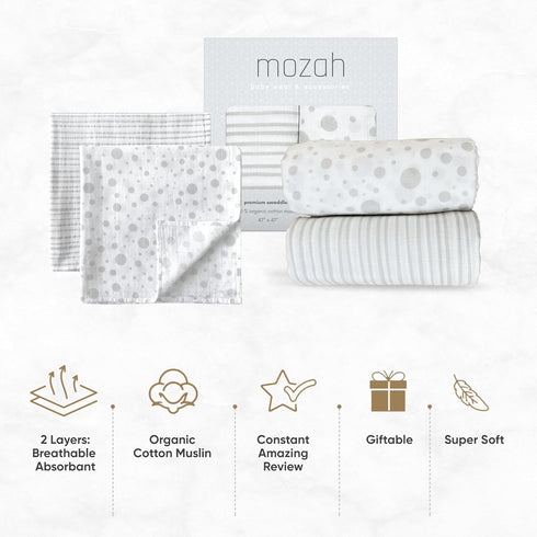 Organic Muslin Swaddle Blankets - 100% Soft Organic Cotton, Baby Girl and Boy Blankets, Ideal Registry Items - Stripes