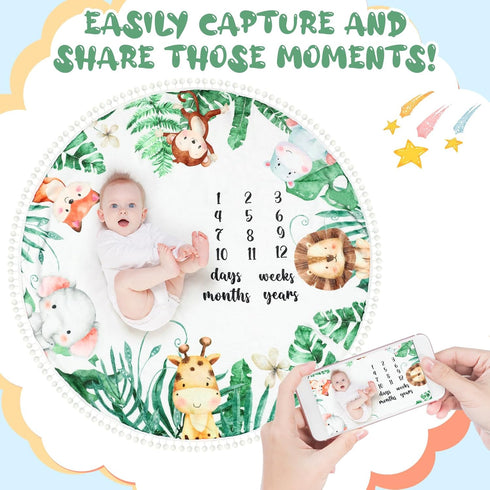 Peryiter Baby Monthly Milestone Blanket, 43.3" x 43.3", Safari Jungle Animals Leaf, Newborn Play Mat with Growth Chart