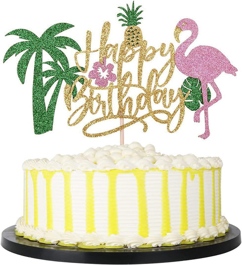 PALASASA Glitter Flamingo Happy Birthday Cake Topper - Hawaiian Luau Tropical Pineapple Theme Kids Party Decoration