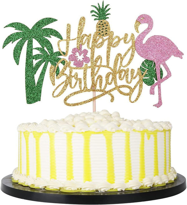 PALASASA Glitter Flamingo Happy Birthday Cake Topper - Hawaiian Luau Tropical Pineapple Theme Kids Party Decoration