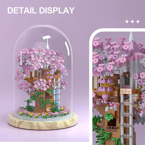 Cherry Blossom Bonsai Tree House Building Set - 1382 Pcs Micro-Particle Ideas with String Lights and Wooden Base
