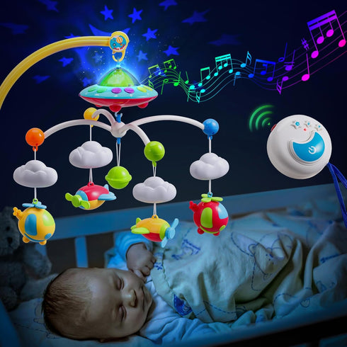 Baby Musical Crib Mobile with Hanging Rotating Toys, Remote Control, Lights Projector