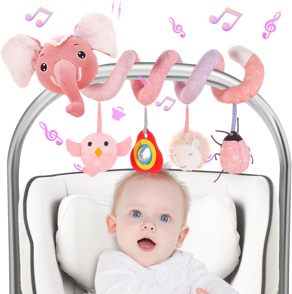 Baby Toys 0-6 Months, Spiral Plush Car Seat Toys for Crib, Sensory Squeaker Teether Rattles, Ideal Gifts for 0-12 Months