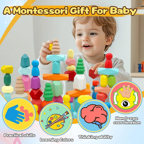 MEGRANATE 58PCS 3+ Montessori Wooden Stacking Rocks Toys Colorful Stacking Stones Building Blocks Games Sensory Toy