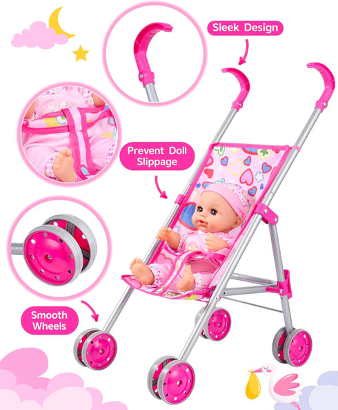 Playset 12-inch 1-6, 12" GAGAKU Baby Doll Stroller with Doll & Accessories, Foldable Lightweight Toy Stroller