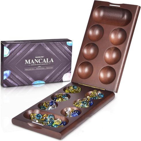 Wooden Mancala Board Game with Magnetic Lock - 48+8 Extra Multi Color Glass Stones, Folding Set for 2 Players, Ages 6+