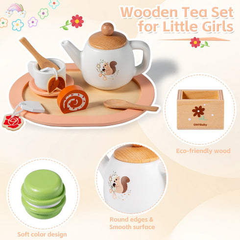 OMYbaby Set 19pcs Playset Playset 3Y+ Wooden Tea for Little Girls, Party With Teapot, Cups, Dessert Stand, Macaroons
