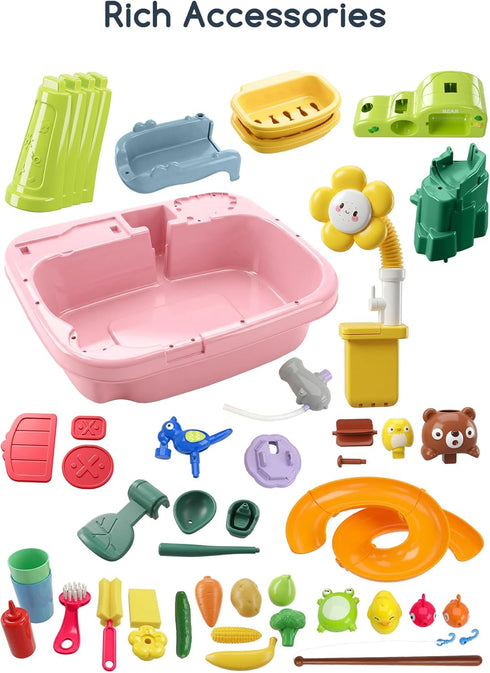 1-3 Summer Playset OKPOW Water Table for Toddlers with Pump: Play Sink with Running Water for Outdoor Indoor Activity